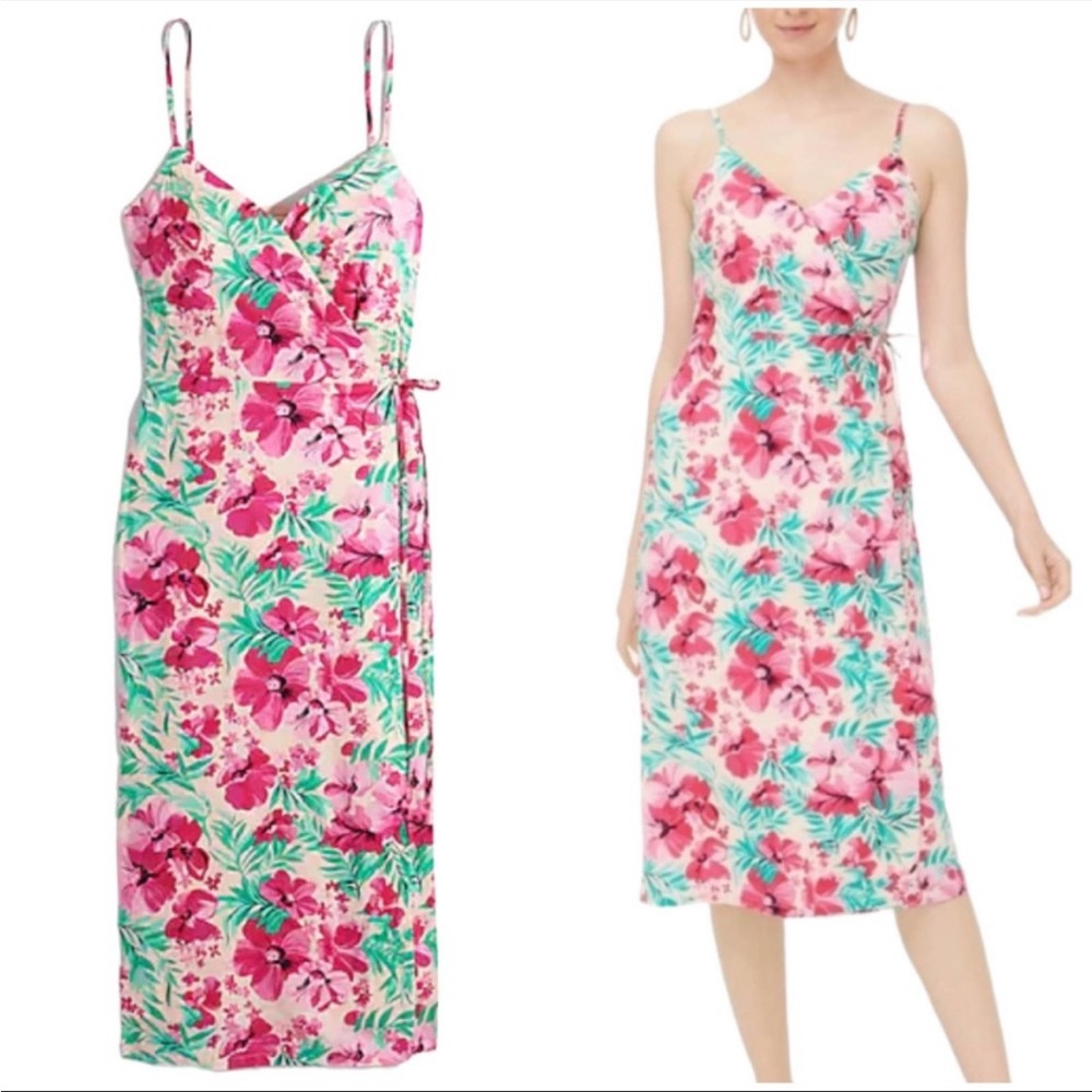 J. Crew Floral Midi Cotton Wrap Dress Sz 10 Pink Green Lined Beach Adjust Strap